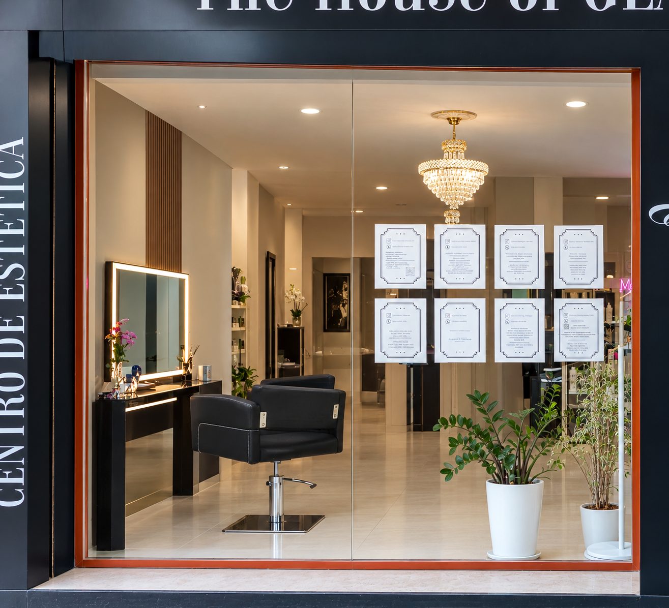 Escaparate con diplomas del centro de estética